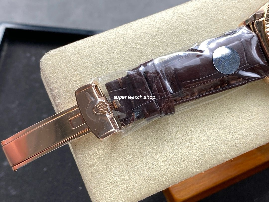 8+ Factory Counterweight Rolex Day-Date 36mm 128235-0037 Rose Gold Crocodile Leather Strap Diamond Mope&Baguette Diamond Brown Ombré Dial - Image 8