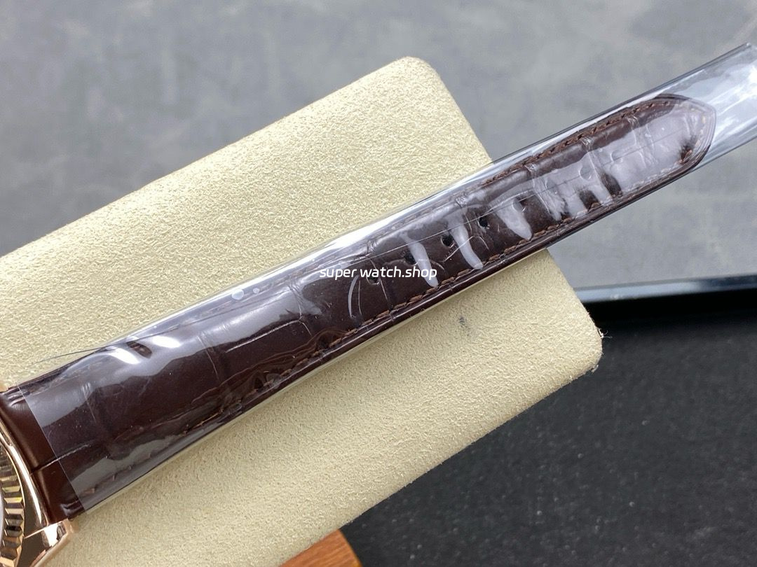 8+ Factory Counterweight Rolex Day-Date 36mm 128235-0037 Rose Gold Crocodile Leather Strap Diamond Mope&Baguette Diamond Brown Ombré Dial - Image 9