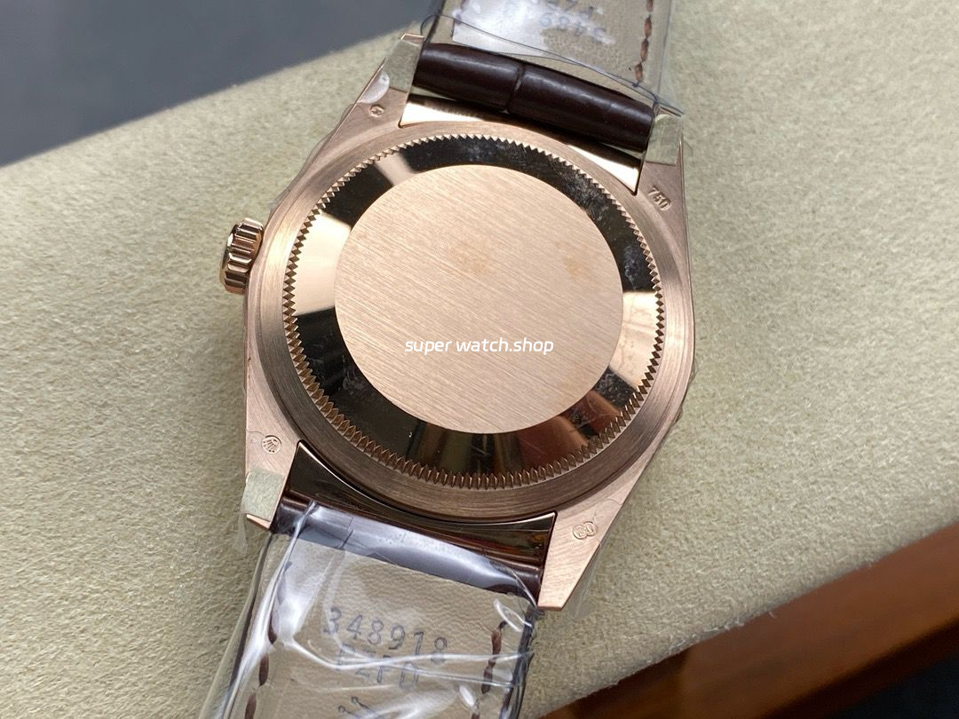 8+ Factory Counterweight Rolex Day-Date 36mm 128235-0037 Rose Gold Crocodile Leather Strap Diamond Mope&Baguette Diamond Brown Ombré Dial - Image 7