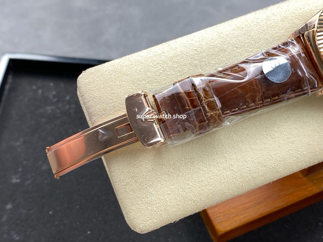8+ Factory Counterweight Rolex Day-Date 36mm 128235-0075 Rose Gold Crocodile Leather Strap Roman Numerals Brown Ombré Dial - Image 8