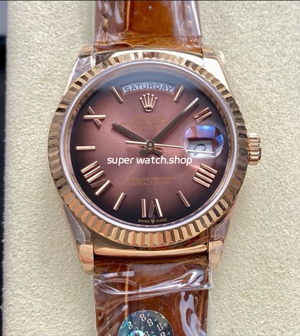 8+ Factory Counterweight Rolex Day-Date 36mm 128235-0075 Rose Gold Crocodile Leather Strap Roman Numerals Brown Ombré Dial