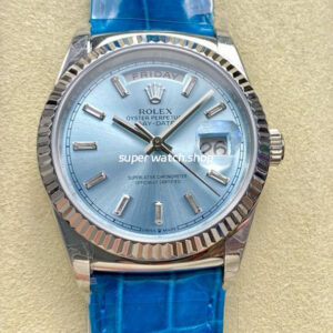 8+ Factory Counterweight Rolex Day-Date 36mm 128236-0009 White Gold Crocodile Leather Strap Baguette Diamond Ice Blue Dial
