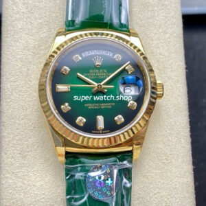 8+ Factory Counterweight Rolex Day-Date 36mm 128238-0069 Yellow Gold Crocodile Leather Strap Diamond Mope&Baguette Diamond Green Ombré Dial