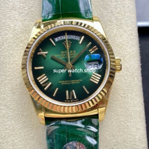 8+ Factory Counterweight Rolex Day-Date 36mm 128238-0118 Yellow Gold Crocodile Leather Strap Roman Numerals Green Ombré Dial
