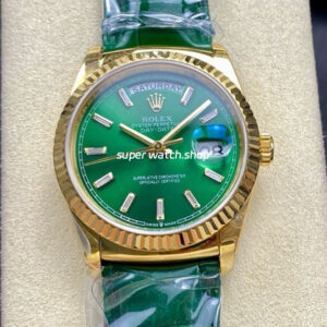 8+ Factory Counterweight Rolex Day-Date 36mm 128238-0130 Yellow Gold Crocodile Leather Strap Baguette Diamond Green Dial