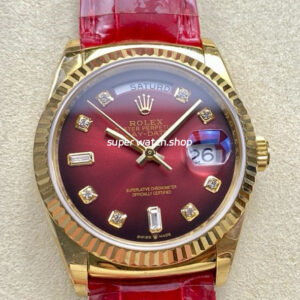 8+ Factory Counterweight Rolex Day-Date 36mm 128238 Yellow Gold Crocodile Leather Strap Diamond Mope&Baguette Diamond Red Ombré Dial