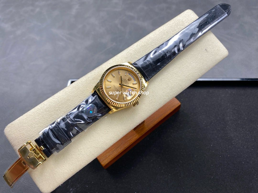 8+ Factory Counterweight Rolex Day-Date 36mm 128238 Yellow Gold Crocodile Leather Strap Baguette Diamond Champagne Dial - Image 4