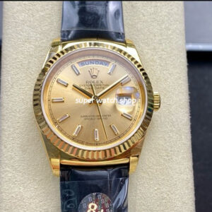 8+ Factory Counterweight Rolex Day-Date 36mm 128238 Yellow Gold Crocodile Leather Strap Baguette Diamond Champagne Dial