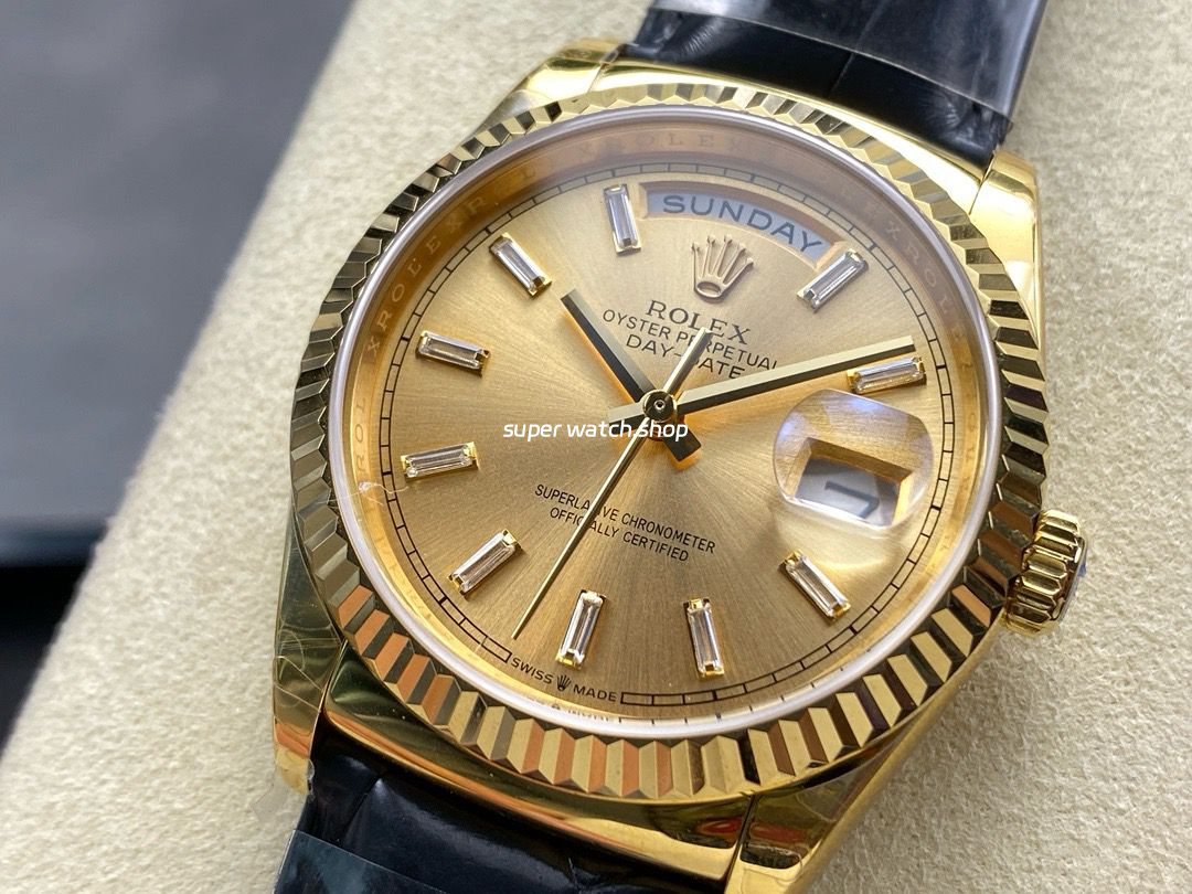 8+ Factory Counterweight Rolex Day-Date 36mm 128238 Yellow Gold Crocodile Leather Strap Baguette Diamond Champagne Dial - Image 3