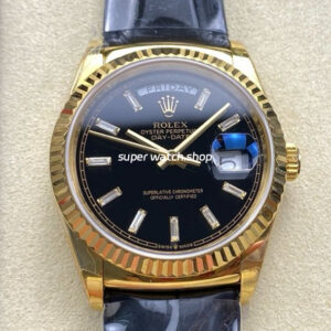 8+ Factory Counterweight Rolex Day-Date 36mm 128238 Yellow Gold Crocodile Leather Strap Baguette Diamond Black Dial