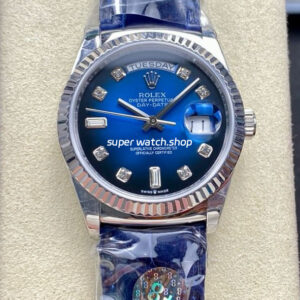 8+ Factory Counterweight Rolex Day-Date 36mm 128239-0023 White Gold Crocodile Leather Strap Diamond Mope&Baguette Diamond Blue Ombré Dial