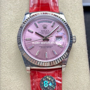 8+ Factory Counterweight Rolex Day-Date 36mm 128239-0071 White Gold Crocodile Leather Strap Baguette Diamond Pink Dial