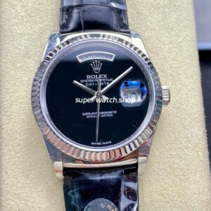 8+ Factory Counterweight Rolex Day-Date 36mm 18206 White Gold Crocodile Leather Strap Black Dial