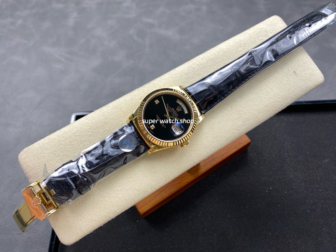 8+ Factory Counterweight Rolex Day-Date 36mm 18238 Yellow Gold Crocodile Leather Strap Diamond Mope Black Dial - Image 4