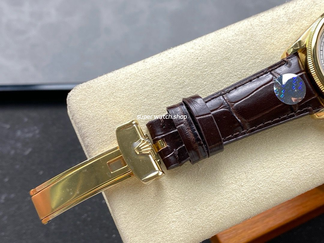 8+ Factory Rolex 1908 52508-0006 39mm Yellow Gold Leather Strap Arabic Numerals White Dial - Image 7