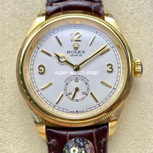 8+ Factory Rolex 1908 52508-0006 39mm Yellow Gold Leather Strap Arabic Numerals White Dial