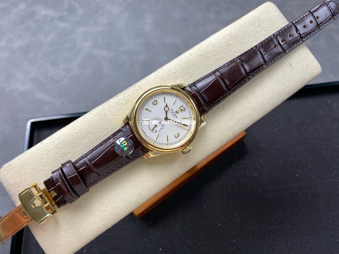 8+ Factory Rolex 1908 52508-0006 39mm Yellow Gold Leather Strap Arabic Numerals White Dial - Image 4