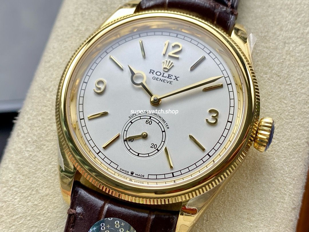 8+ Factory Rolex 1908 52508-0006 39mm Yellow Gold Leather Strap Arabic Numerals White Dial - Image 3