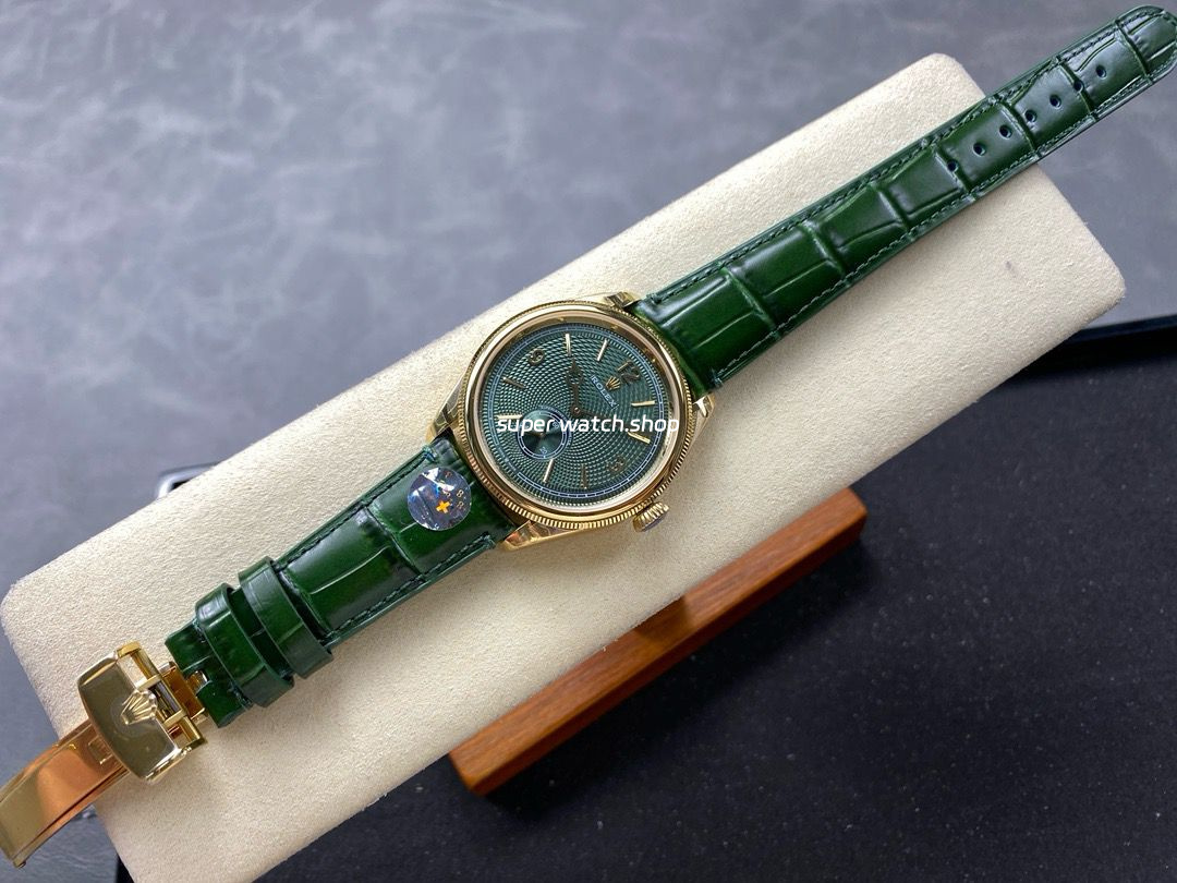 8+ Factory Rolex 1908 M52508 39mm Yellow Gold Leather Strap Arabic Numerals Green Dial - Image 4