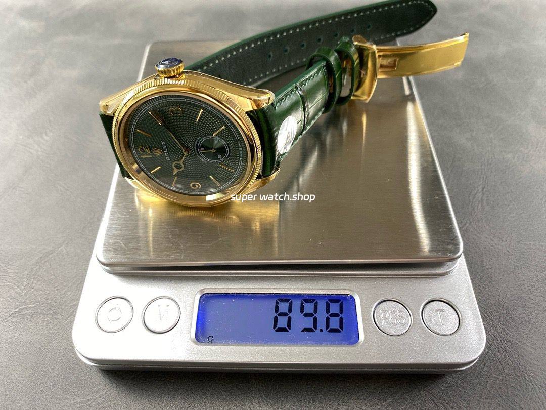 8+ Factory Rolex 1908 M52508 39mm Yellow Gold Leather Strap Arabic Numerals Green Dial - Image 9