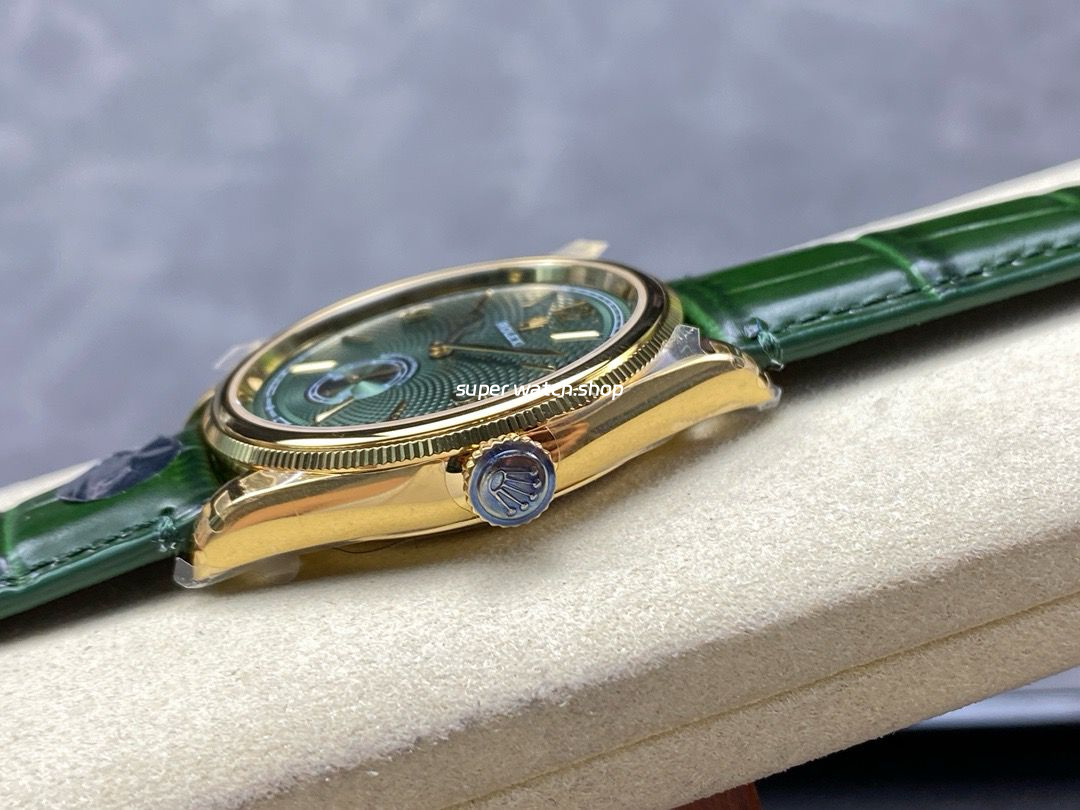 8+ Factory Rolex 1908 M52508 39mm Yellow Gold Leather Strap Arabic Numerals Green Dial - Image 6