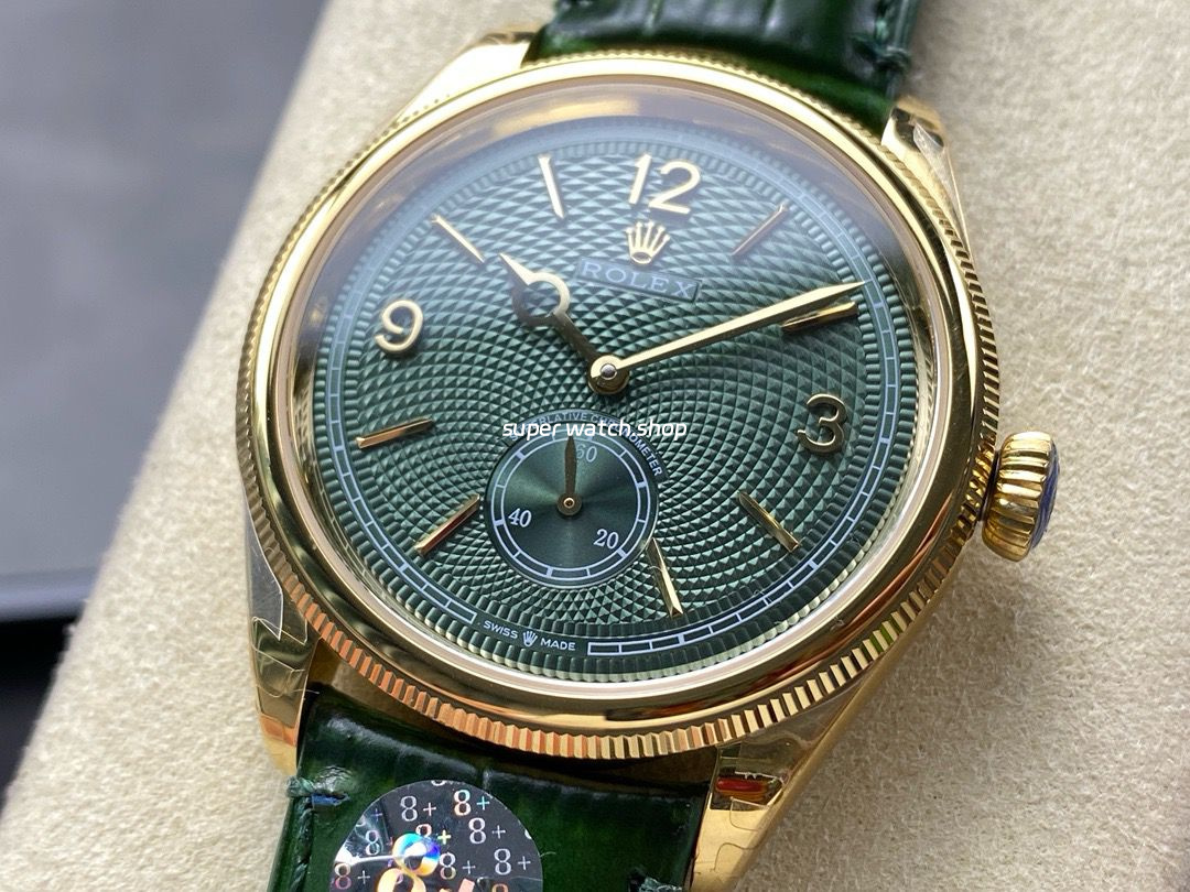 8+ Factory Rolex 1908 M52508 39mm Yellow Gold Leather Strap Arabic Numerals Green Dial - Image 3