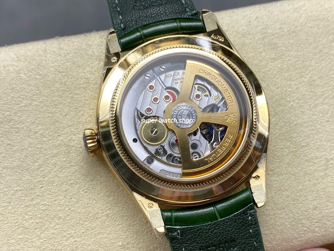 8+ Factory Rolex 1908 M52508 39mm Yellow Gold Leather Strap Arabic Numerals Green Dial - Image 7
