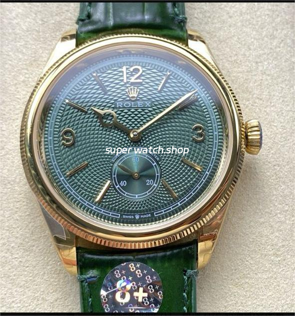 8+ Factory Rolex 1908 M52508 39mm Yellow Gold Leather Strap Arabic Numerals Green Dial