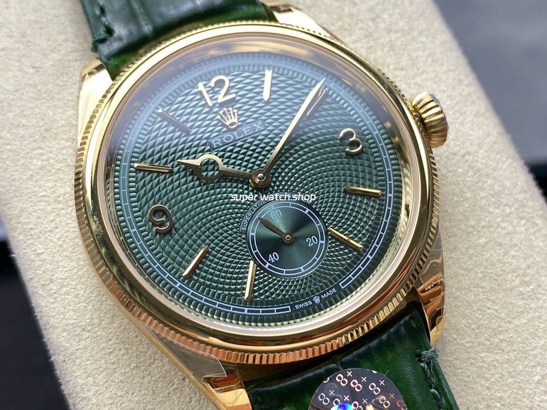 8+ Factory Rolex 1908 M52508 39mm Yellow Gold Leather Strap Arabic Numerals Green Dial - Image 2