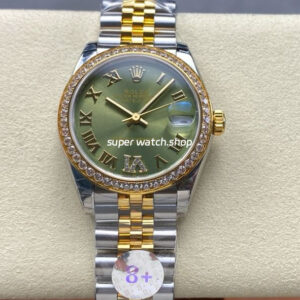 8+ Factory Rolex Counterweight Datejust 278383RBR-0016 31mm Diamond Yellow Gold Bezel Half Yellow Gold Roman Numerals Diamond Green Dial Jubilee
