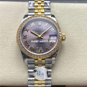 8+ Factory Rolex Counterweight Datejust 278383RBR 31mm Diamond Yellow Gold Bezel Half Yellow Gold Roman Numerals Diamond Pink Dial Jubilee