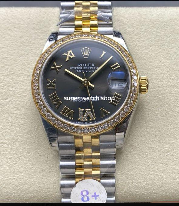 8+ Factory Rolex Counterweight Datejust 278383RBR-0018 31mm Diamond Yellow Gold Bezel Half Yellow Gold Diamond Roman Numerals Grey Dial Jubilee