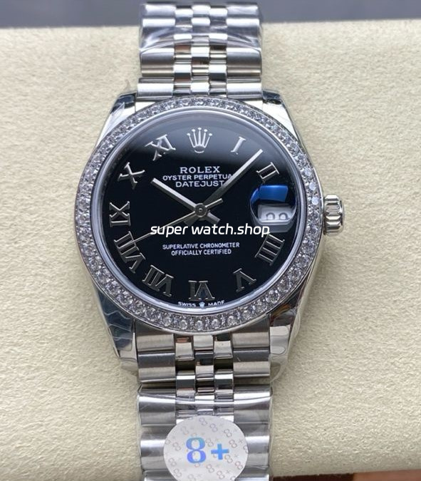 8+ Factory Rolex Counterweight Datejust 278384RBR-0002 31mm Diamond White Gold Bezel Full 904L Roman Numerals Black Dial Jubilee