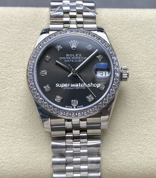 8+ Factory Rolex Counterweight Datejust 278384RBR-0010 31mm Diamond White Gold Bezel Full 904L Diamond Grey Dial Jubilee