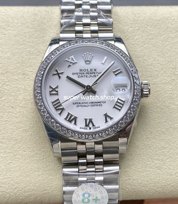 8+ Factory Rolex Counterweight Datejust 278384RBR-0014 31mm Diamond White Gold Bezel Full 904L Roman Numerals White Dial Jubilee