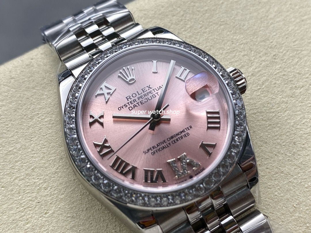 8+ Factory Rolex Counterweight Datejust 278384RBR-0028 31mm Diamond White Gold Bezel Full 904L Roman Numerals Diamond Pink Dial Jubilee - Image 2