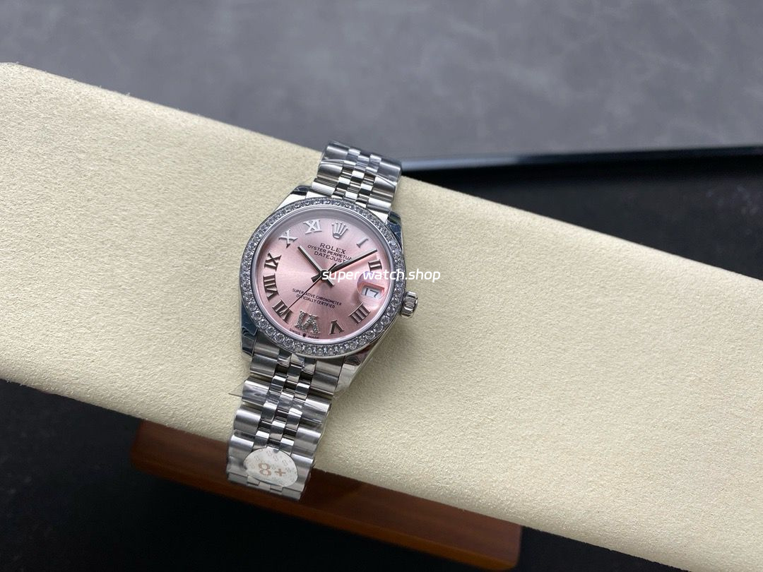 8+ Factory Rolex Counterweight Datejust 278384RBR-0028 31mm Diamond White Gold Bezel Full 904L Roman Numerals Diamond Pink Dial Jubilee - Image 5