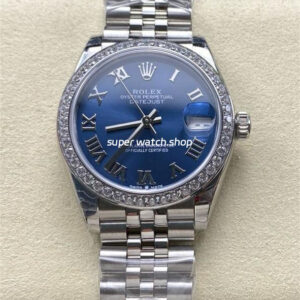 8+ Factory Rolex Counterweight Datejust 278384RBR-0037 31mm Diamond White Gold Bezel Full 904L Roman Numerals Blue Dial Jubilee