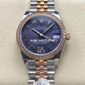 8+ Factory Rolex counterweight Datejust 278381RBR-0020 31mm Diamond Rose Gold Bezel Half Rose Gold Diamond Roman Numerals Purple Dial Jubilee