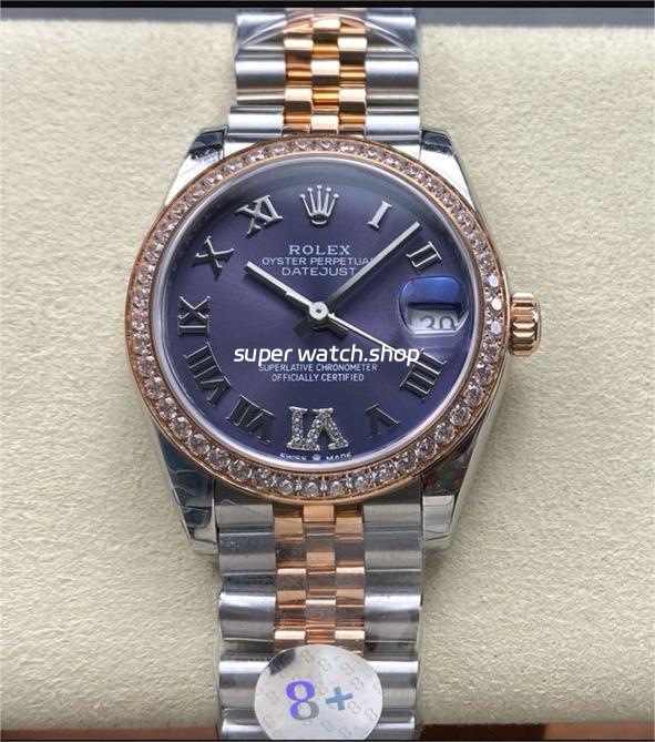 8+ Factory Rolex counterweight Datejust 278381RBR-0020 31mm Diamond Rose Gold Bezel Half Rose Gold Diamond Roman Numerals Purple Dial Jubilee