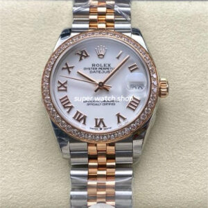 8+ Factory Rolex counterweight Datejust 278381RBR-0004 31mm Diamond Rose Gold Bezel Half Rose Gold Roman Numerals White Dial Jubilee