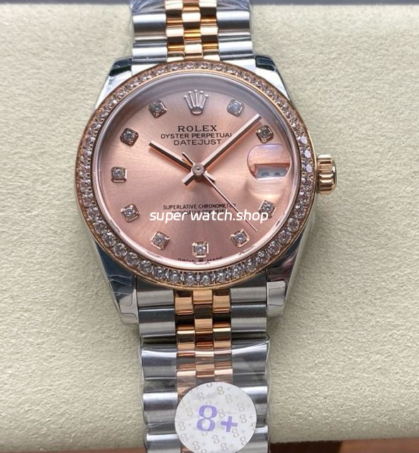 8+ Factory Rolex counterweight Datejust 278381RBR-0024 31mm Diamond Rose Gold Bezel Half Rose Gold Diamond Pink Dial Jubilee