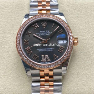 8+ Factory Rolex counterweight Datejust 278381RBR-0030 31mm Diamond Rose Gold Bezel Half Rose Gold Diamond Roman Numerals Grey Dial Jubilee