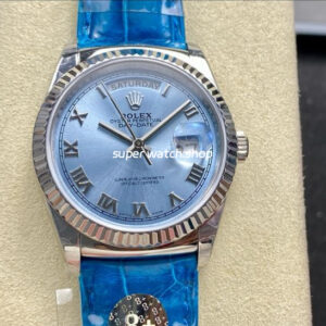 8+ Factory ounterweight Rolex Day-Date 36mm 128236-0008 White Gold Crocodile Leather Strap Roman Numerals Ice Blue Dial