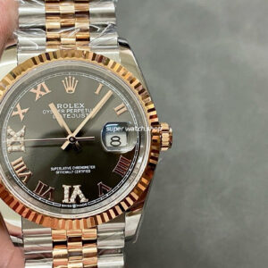 A+ Factory Rolex Datejust 126231-0023 36mm Half Rose Gold Roman Numerals Diamond Grey Dial Jubilee