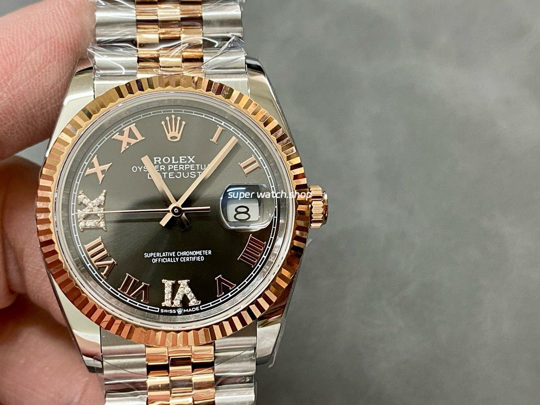 A+ Factory Rolex Datejust 126231-0023 36mm Half Rose Gold Roman Numerals Diamond Grey Dial Jubilee
