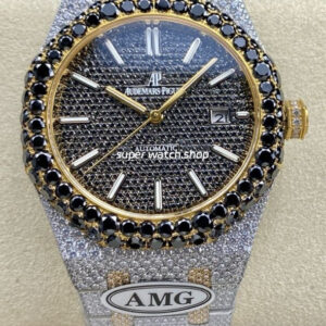 AMG Factory Audemars Piguet Royal Oak Selfwinding 15400 41mm Black Diamond Bezel Full White Diamond Gold Steel Black Diamond Dial