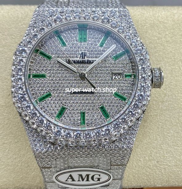 AMG Factory Audemars Piguet Royal Oak Selfwinding 15400 41mm Full Diamond Steel Green Diamond Baguette Dial