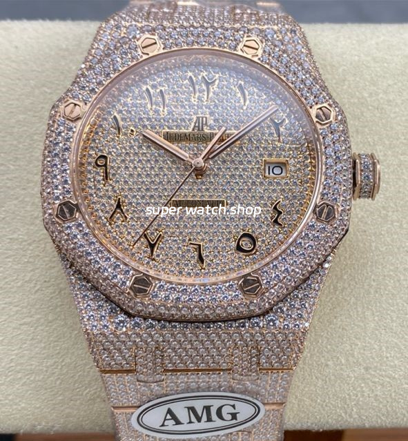 AMG Factory Audemars Piguet Royal Oak Selfwinding 15400 41mm Full Rose Gold Diamond Arabic Number Diamond Dial