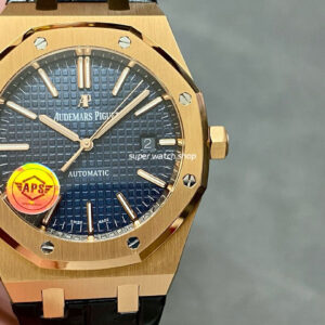 APS Factory Counterweight Audemars Piguet Royal Oak Selfwinding 41mm 15400OR Rose Gold Leather Strap Blue Dial